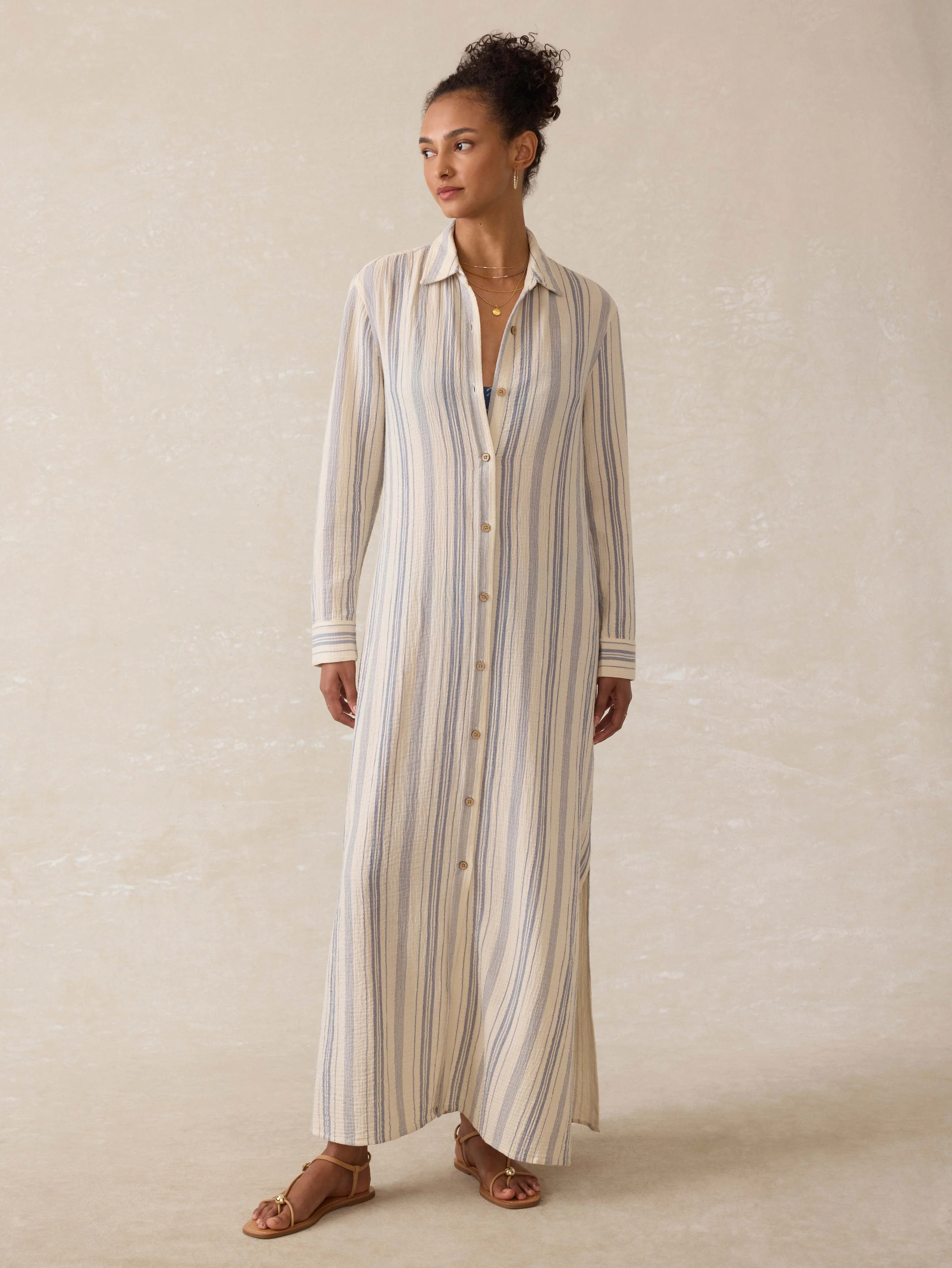 Dune Cotton Gauze Isla Shirtdress - Aqua Sea Stripe - Image 3