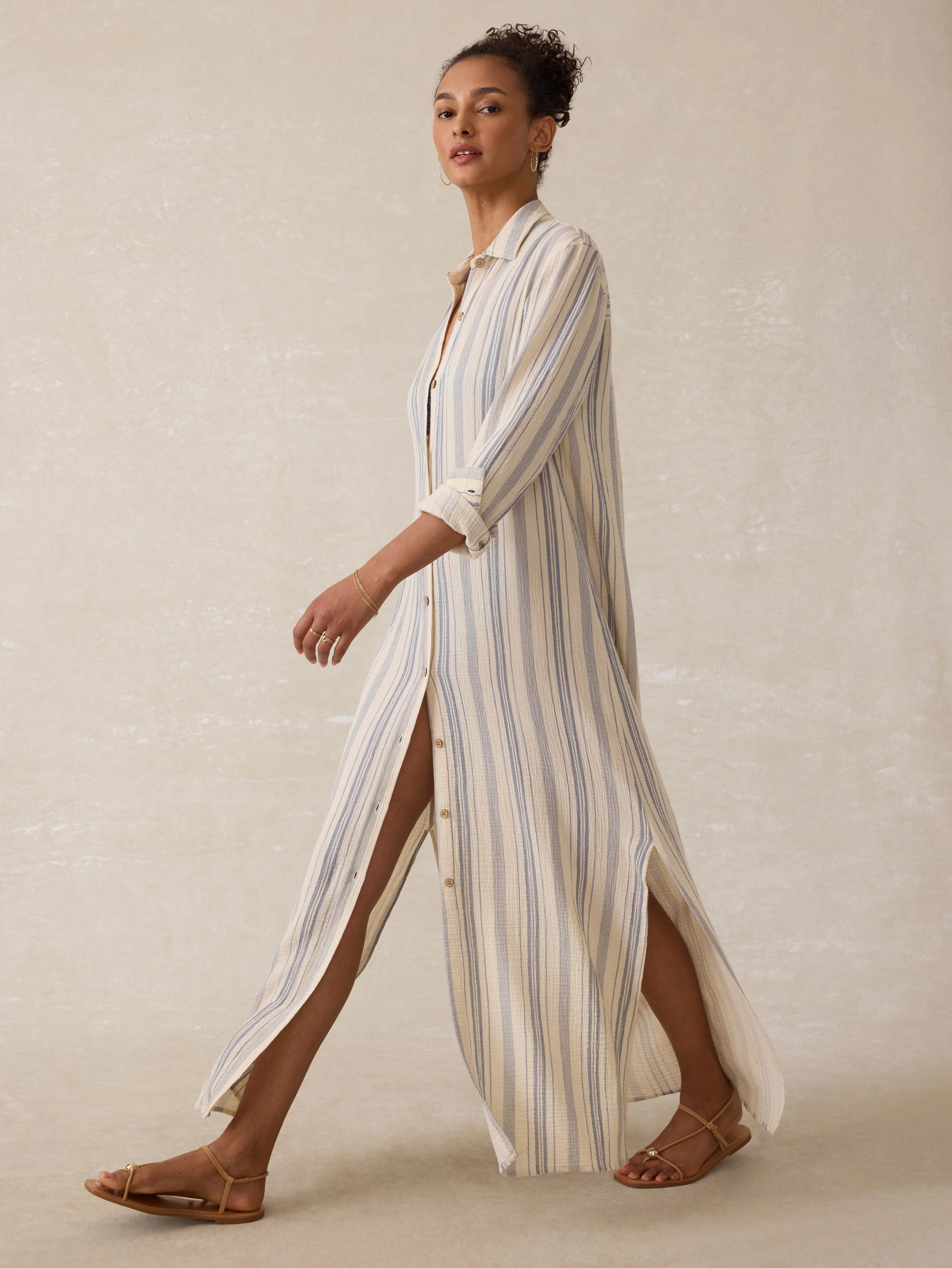 Dune Cotton Gauze Isla Shirtdress - Aqua Sea Stripe - Image 5