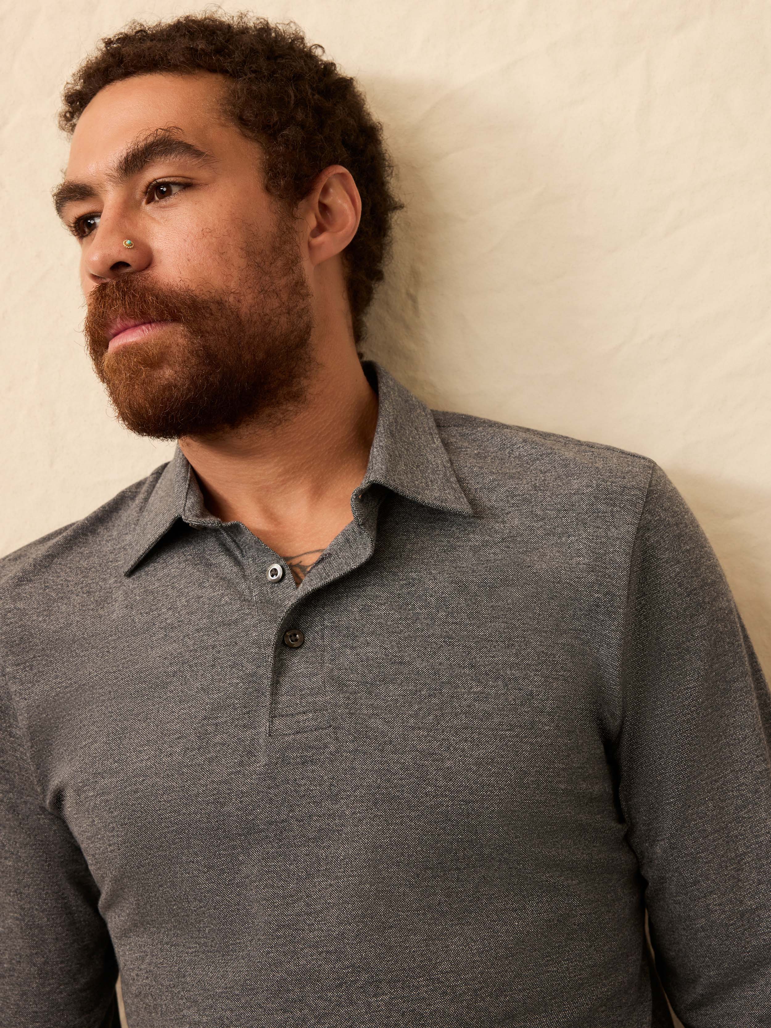 Long-Sleeve Movement™ Pique Polo - Dusty Iron Heather - Image 3