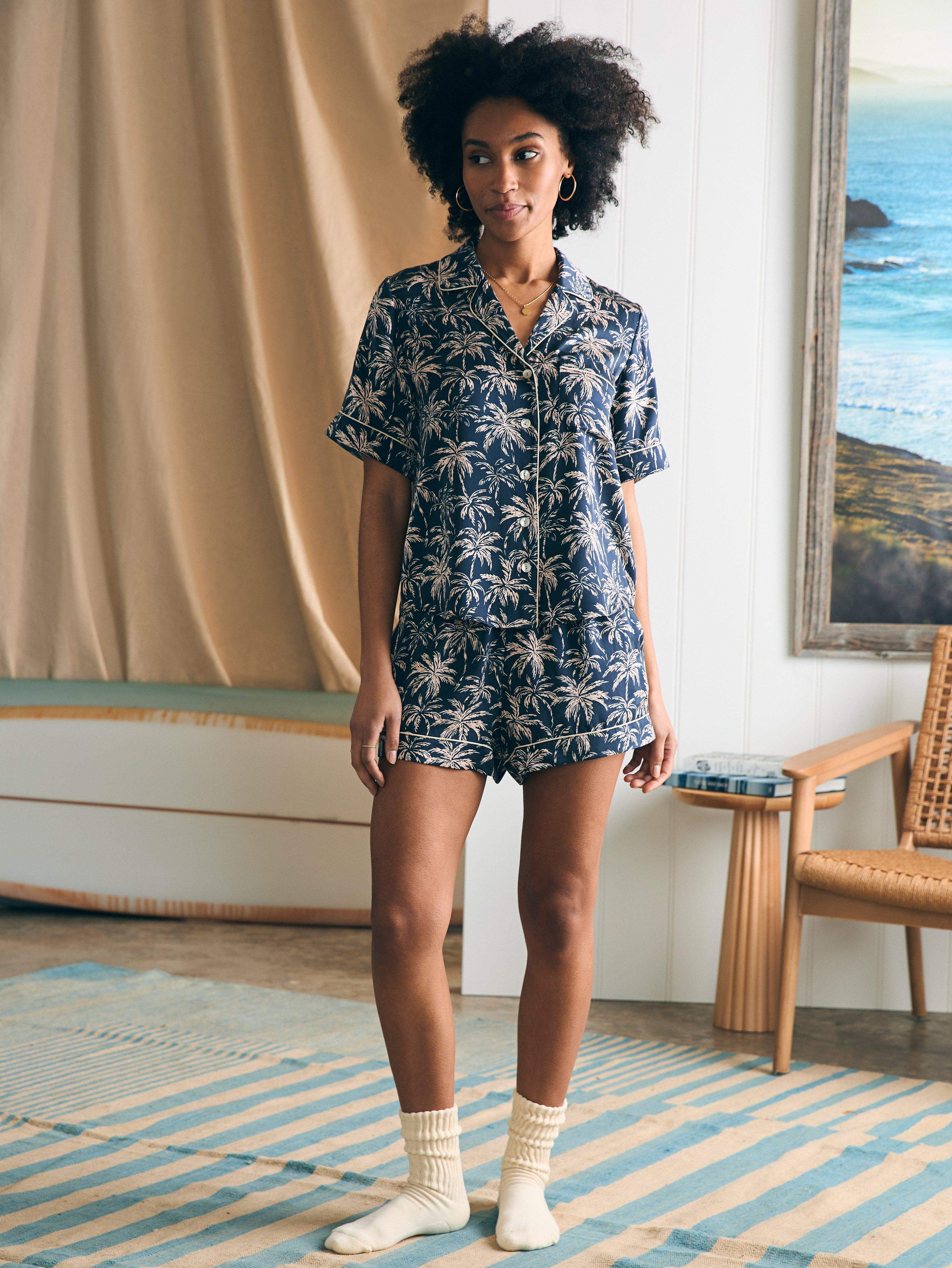 Sandwashed Silk Short Sleeve Pajama Set - Navy Tropic Trees - Image 5