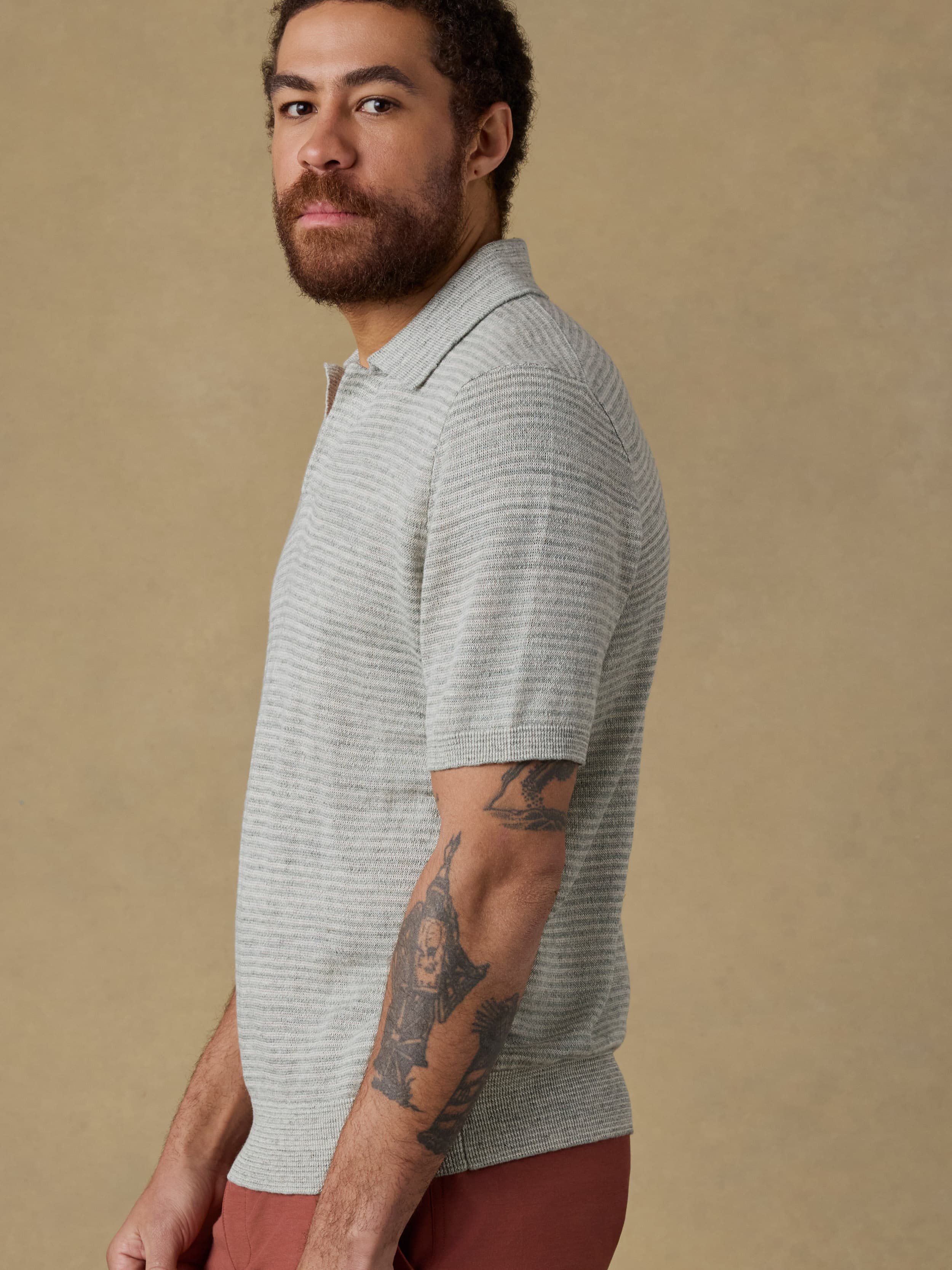 Short-Sleeve Linen Sweater Polo - Beach Tree Stripe - Image 4