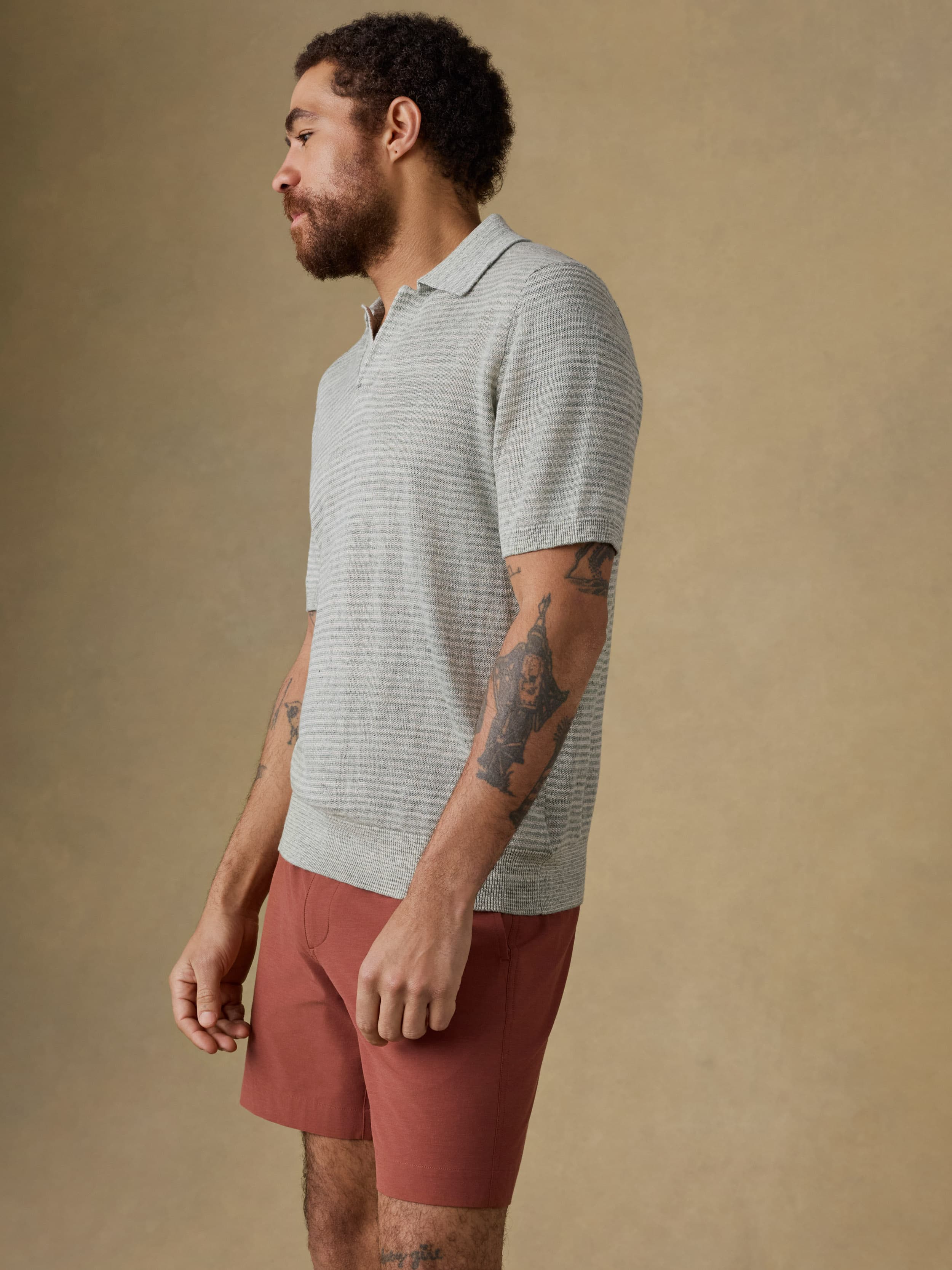 Short-Sleeve Linen Sweater Polo - Beach Tree Stripe - Image 6