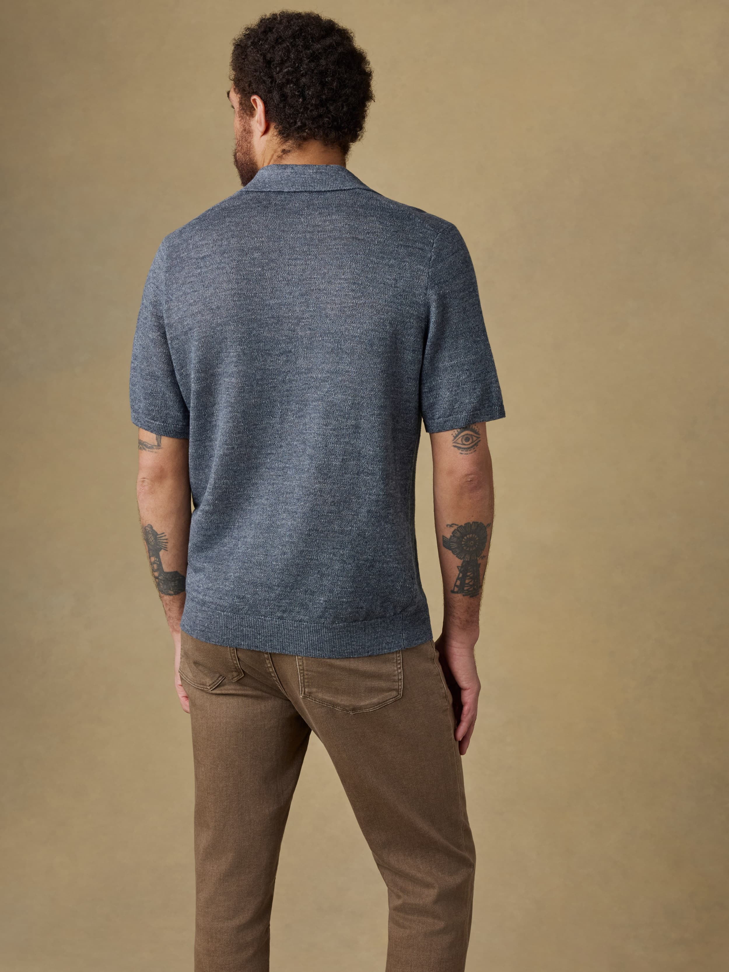 Short-Sleeve Linen Sweater Polo - Caribbean Navy Melange - Image 5