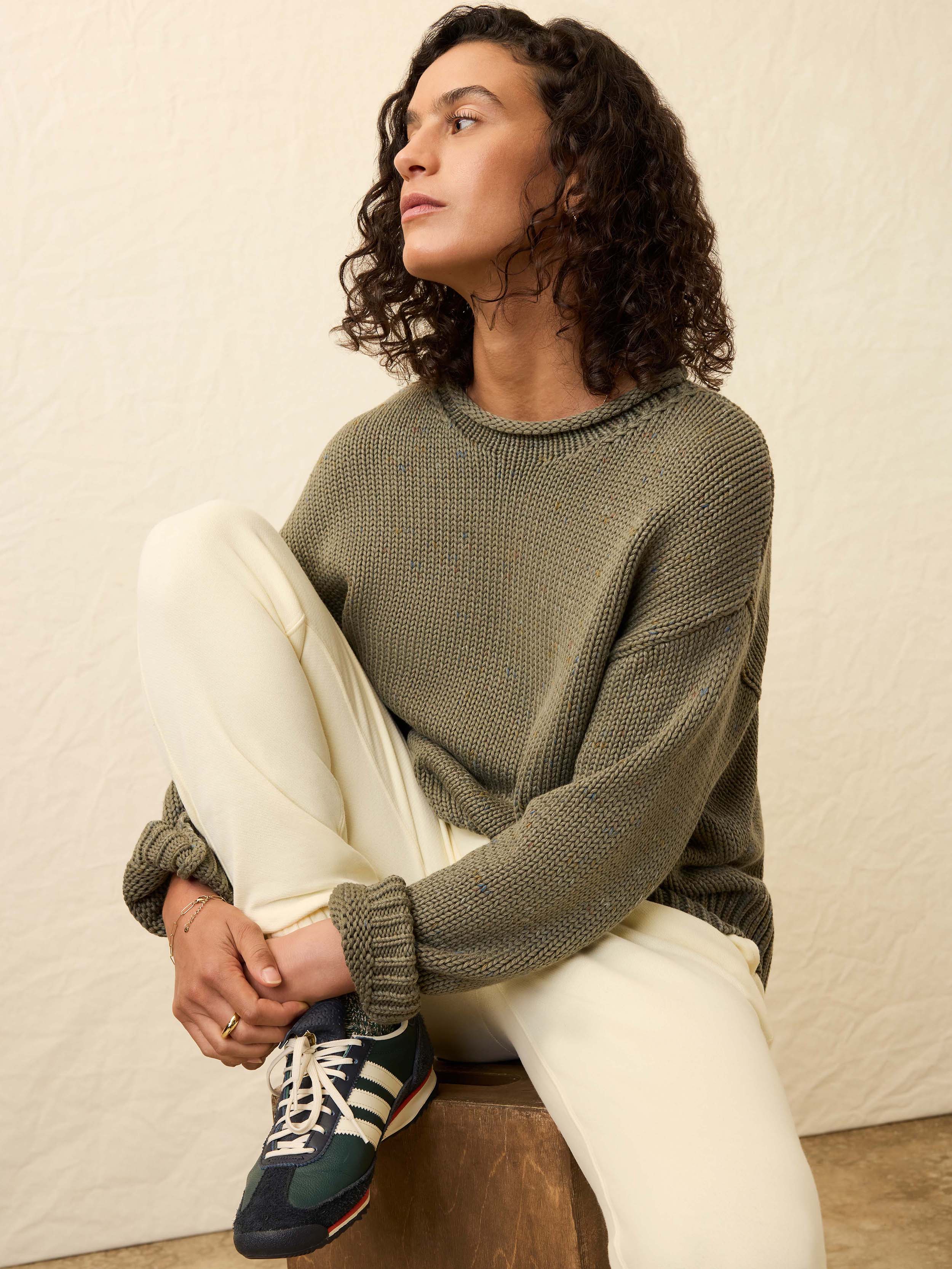 Sunwashed Cotton Roll Neck Sweater - Sage - Image 2